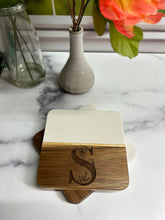 Load image into Gallery viewer, Marble/Acacia Wood Engraved Peony Coasters
