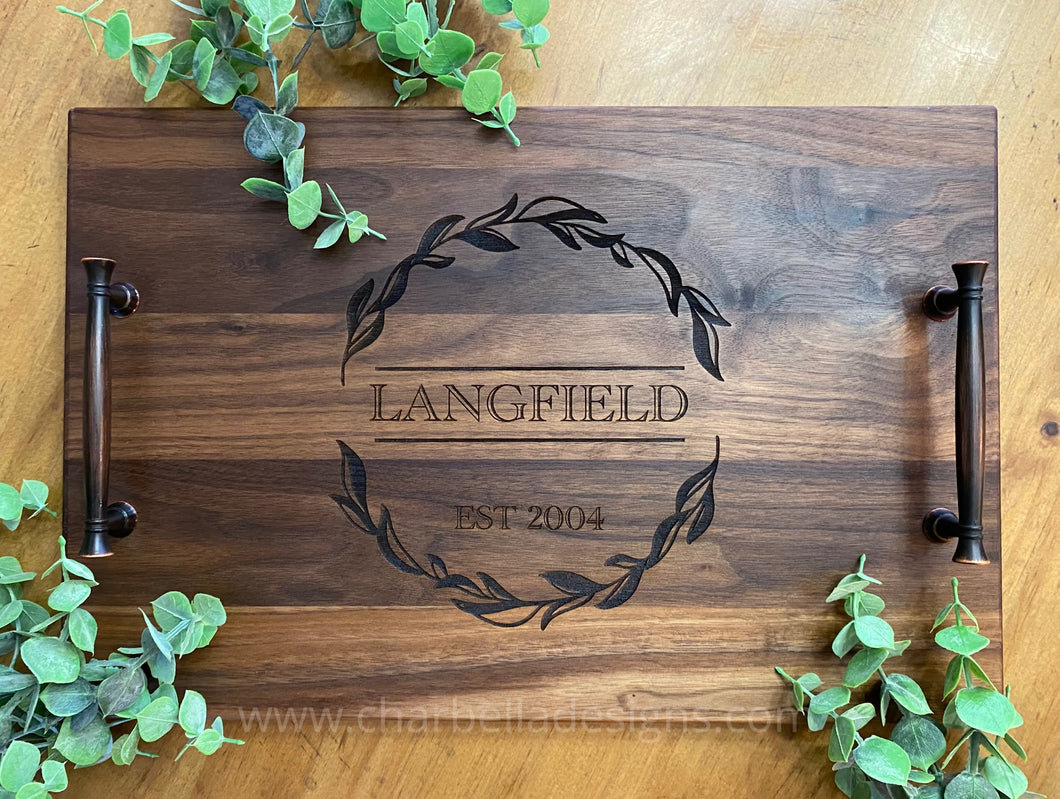 Personalized Solid Walnut Tray with Bronze Handles