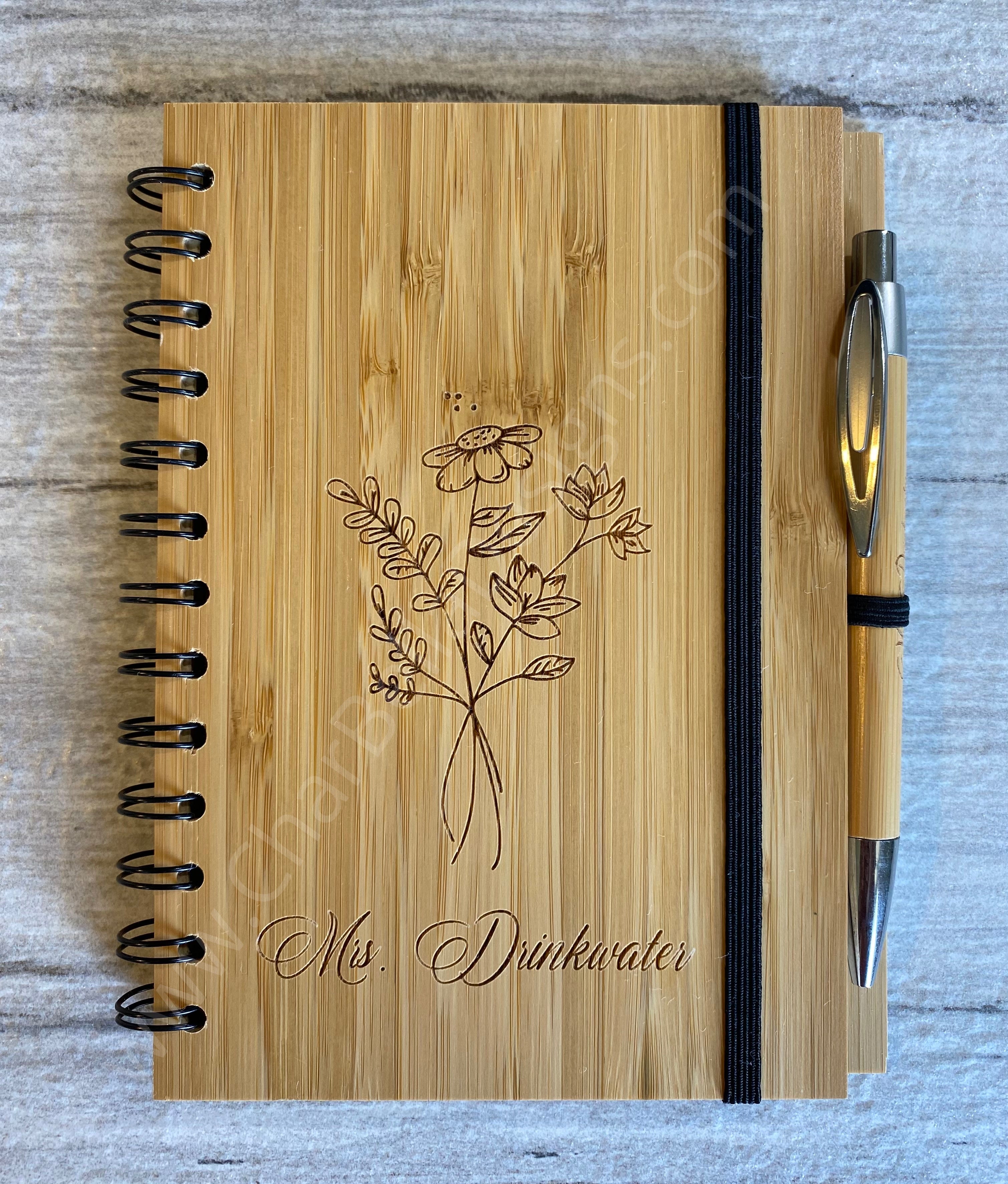Notebook Design Bamboo Hand Drawn Flower Bamboo Notebook with Black Pen – CharBella Designs
